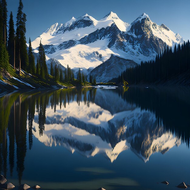 una montaña se refleja en el agua quieta de un lago