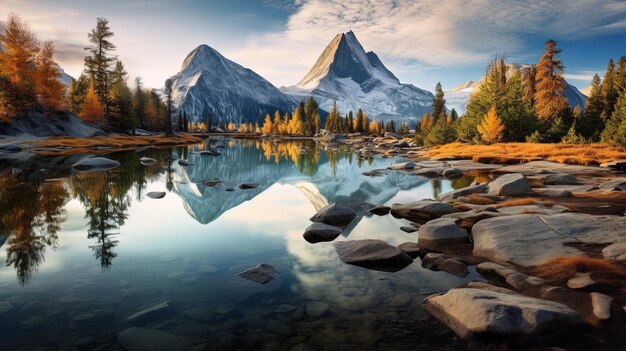 Foto una montaña se refleja en un lago con árboles en el fondo