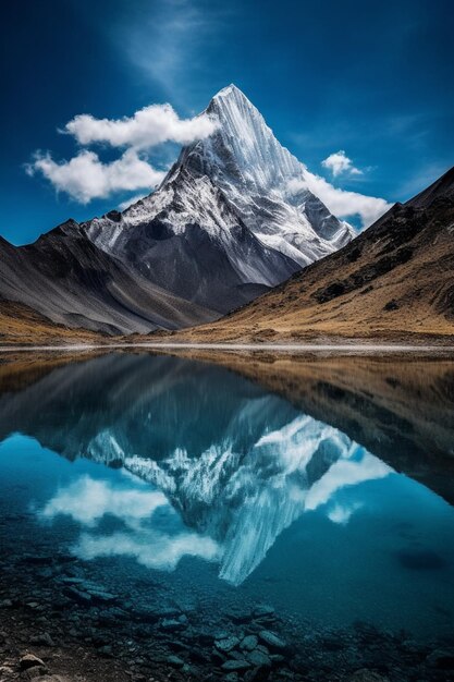 Una montaña se refleja en un lago con un cielo azul y las palabras everest en él.