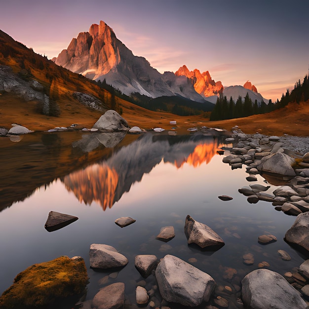 Foto una montaña se refleja en un lago con una montaña en el fondo