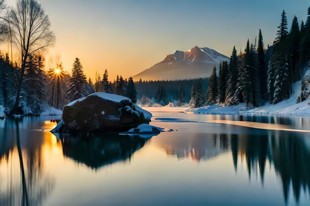 una montaña se refleja en un lago con montañas cubiertas de nieve en el fondo.