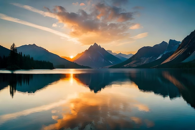 Una montaña se refleja en un lago con montañas en el fondo.