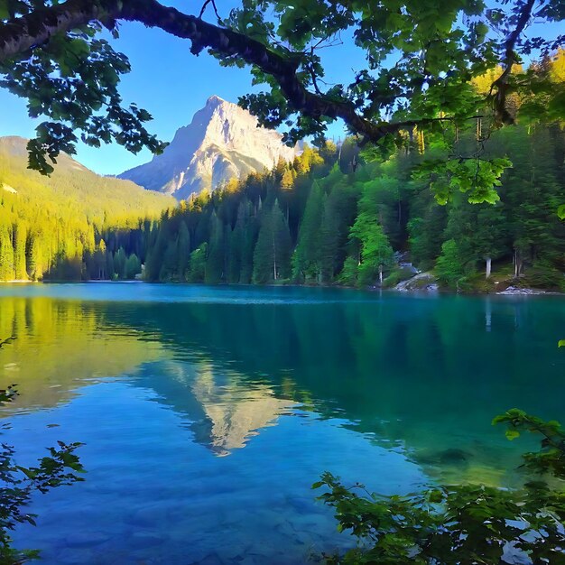 Foto una montaña se refleja en un lago rodeado de árboles