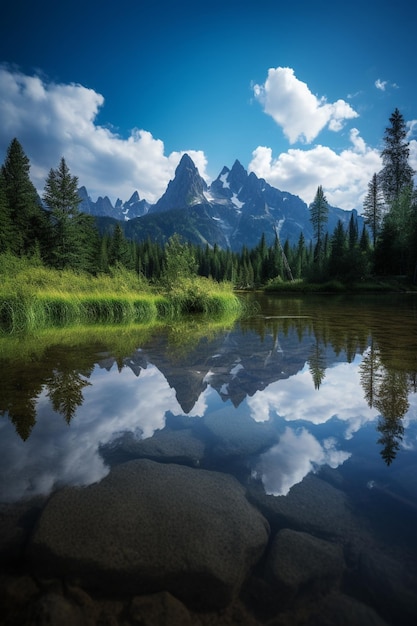 Una montaña reflejada en un lago con un cielo azul y nubes encima.