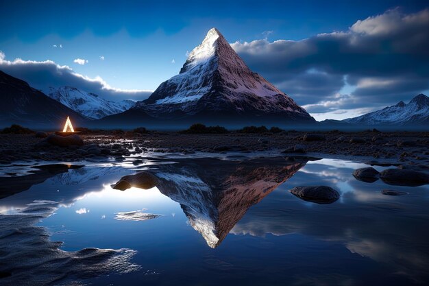 Una montaña reflejada en un lago con un fuego en el fondo.