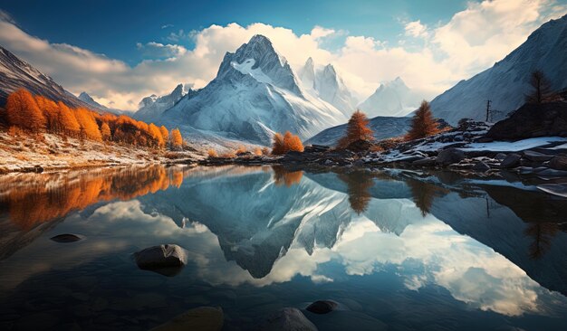 una montaña reflejada en un lago con un reflejo de las montañas en el agua