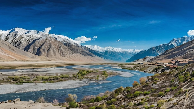 Montaña y río y cielo azul en Leh Ladakh India