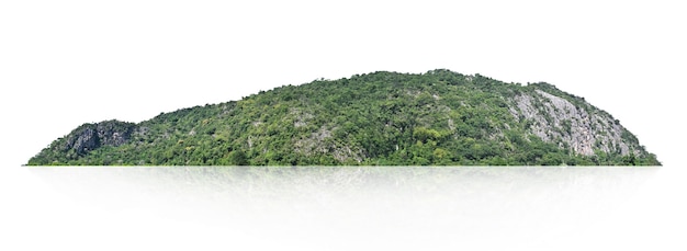 Montaña de roca con bosque aislado sobre fondo blanco.