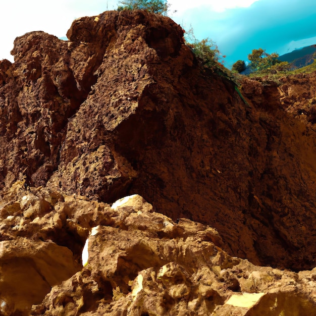 Una montaña de rocas marrones con un cielo azul de fondo.