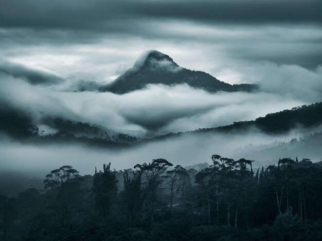 Foto una montaña está rodeada de árboles y una montaña