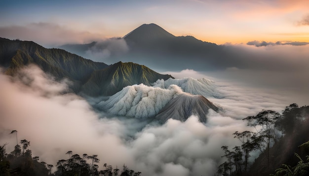 Foto una montaña está rodeada de nubes y montañas