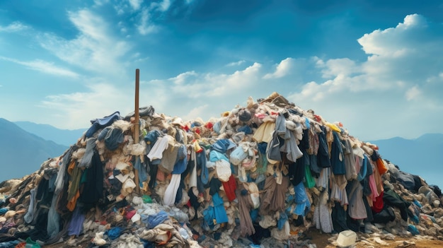 Montaña de ropa desechada residuos textiles concepto de contaminación del planeta con productos sintéticos