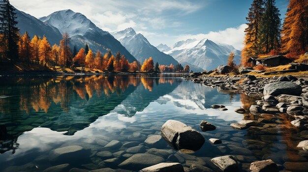 una montaña serena rodeada de un otoño colorido