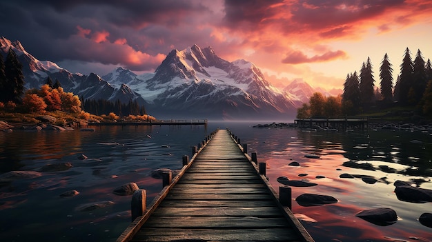 Foto montaña telón de fondo lago muelle