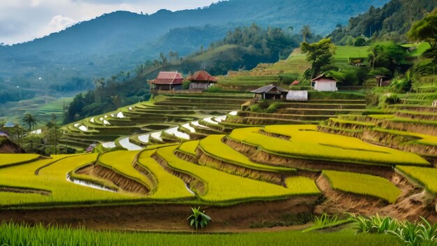 una montaña con terrazas de arroz y una casa en la parte superior