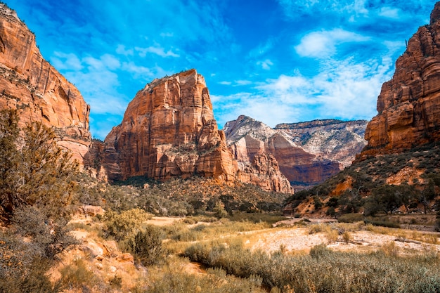 La montaña de trekking de angels landing trail en el parque nacional zion visto desde el río