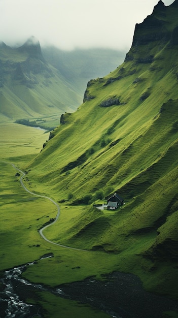 Una montaña verde con un camino que la atraviesa.