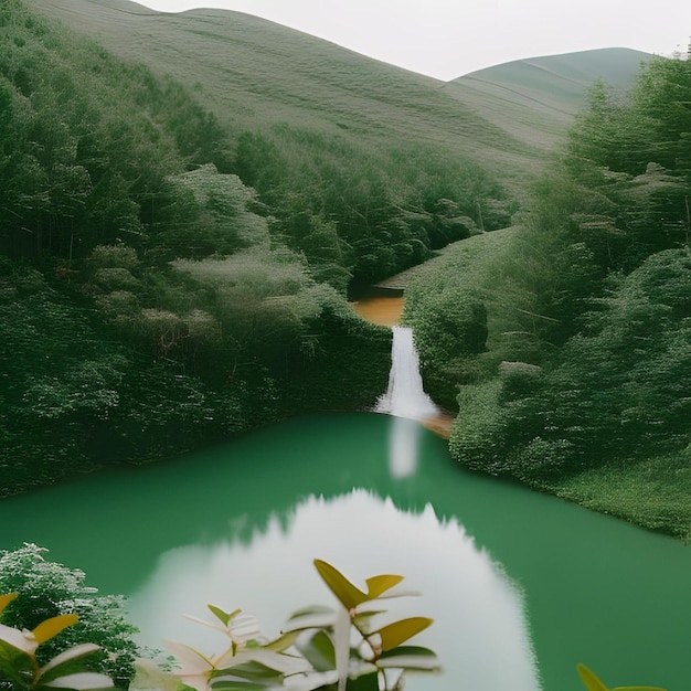 Montaña verde con paisaje natural del lago.