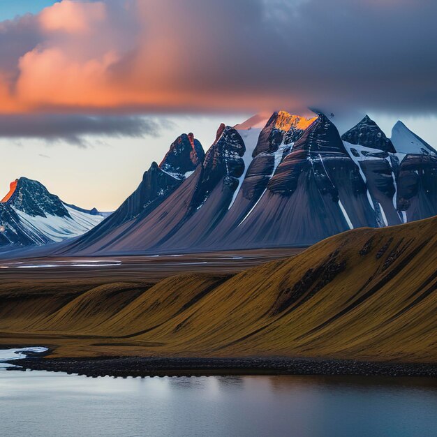 Montaña Vestrahorn en el cabo Stokksnes en Islandia durante la puesta de sol Impresionante paisaje marino de la naturaleza de Islandia atracción turística popular Mejores lugares de viaje famosos Imagen escénica de Islandia