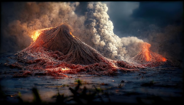 Montaña volcánica en erupción renderizado 3D