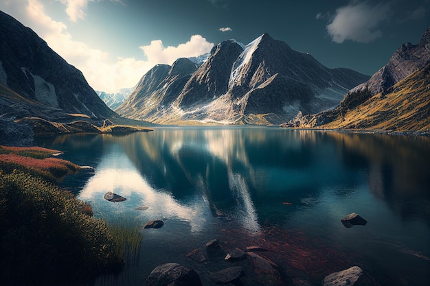 Montaña volcánica en la luz del atardecer reflejada en las tranquilas aguas del lago