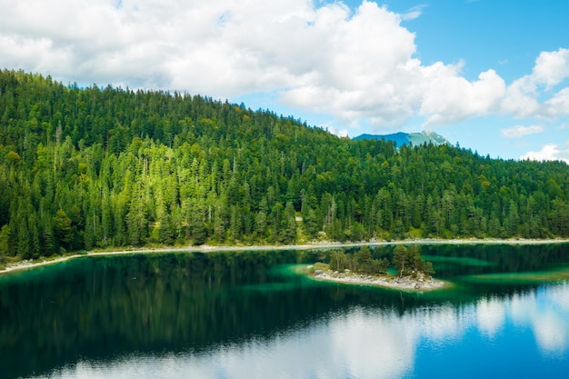 Las montañas con abetos y nubes se reflejan en un río forestal