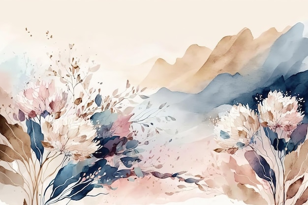 Montañas de acuarela con flores Hermosa impresión minimalista para su decoración para felicitaciones postales y póster AI generativa