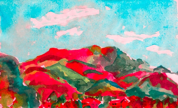 Montañas de acuarela japonesas estilizadas en verde azulado y rojo. Fondo rocoso de senderismo asiático. Diversión Himalaya. Impresión de acuarela de Corea. Ilustración de montaña. Bosquejo geométrico contemporáneo.