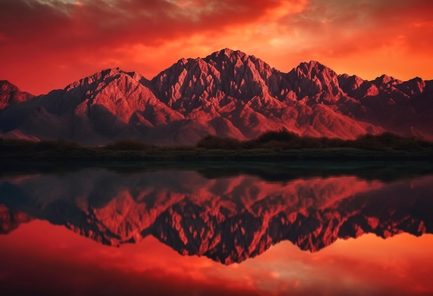 Las montañas y el agua se reflejan en el agua al estilo de