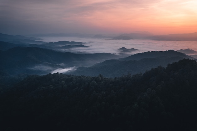 Montañas y amanecer en la mañana y niebla.