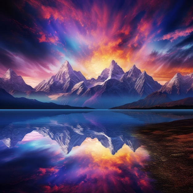 Montañas amanecer nubes reflejo en el agua Hermosa ilustración imagen AI generativa