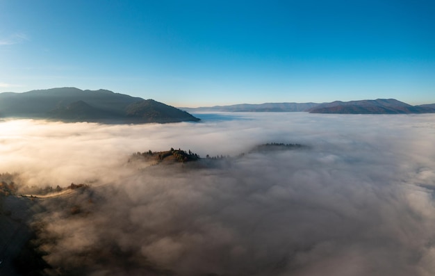 Montañas con árboles coloridos cubiertos con una capa de niebla