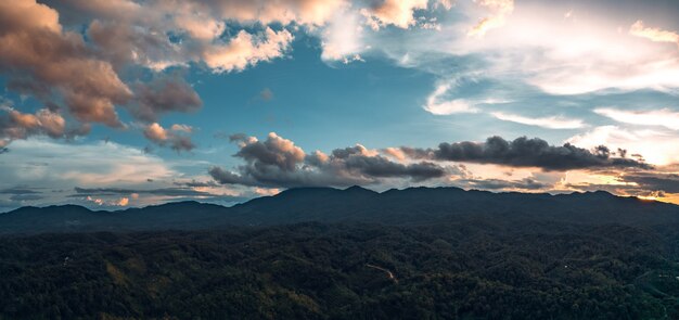 Montañas y bosque verde por la noche, vista de pájaro