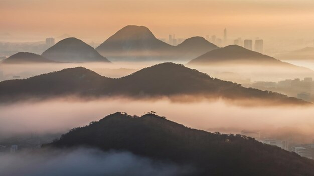 Las montañas Bukhansan están cubiertas por la niebla matinal y el amanecer en Seúl.