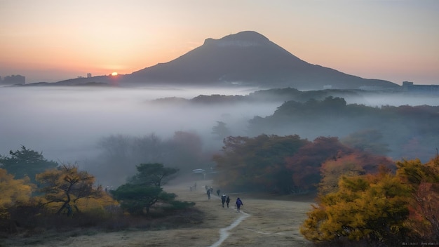 Las montañas de Bukhansan están cubiertas por la niebla matutina y el amanecer en el parque nacional de Bukhansan seúl en el sur