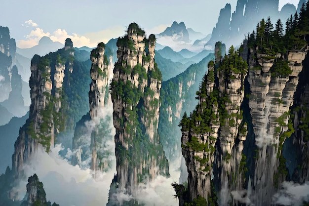 Las montañas de China están rodeadas de nubes.