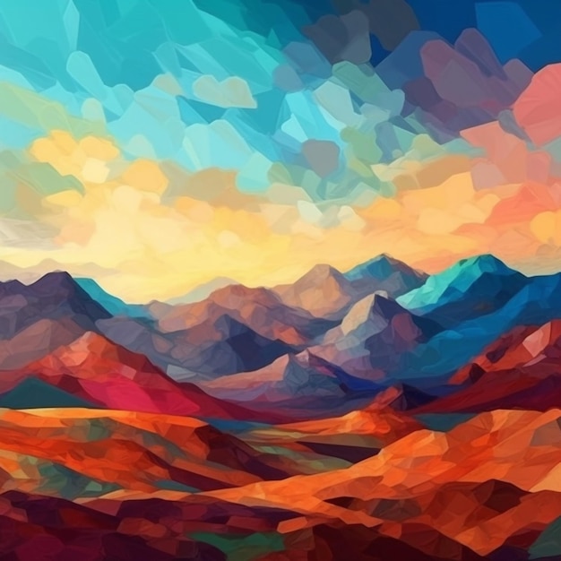 Montañas coloridas en un paisaje colorido con un fondo de puesta de sol.