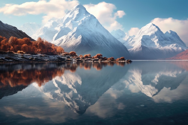 Montañas coronadas de nieve reflejadas en un lago tranquilo creado con IA generativa