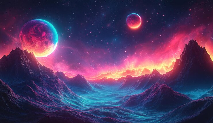 Montañas cósmicas con cielos vívidos