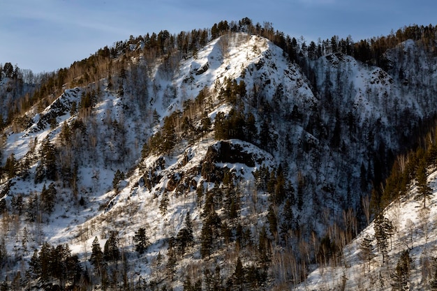 Montañas cubiertas de bosque y nieve. Clima, clima.