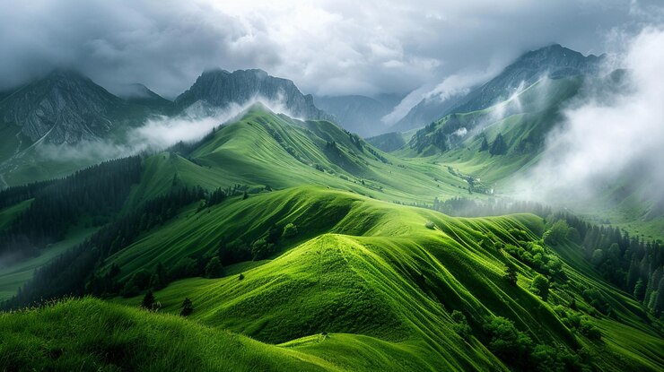 montañas cubiertas de hierba verde y nubes con unos pocos árboles generativos ai