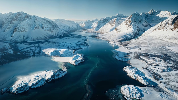 Las montañas cubiertas de nieve abrazan un río en un país de las maravillas del invierno desde arriba