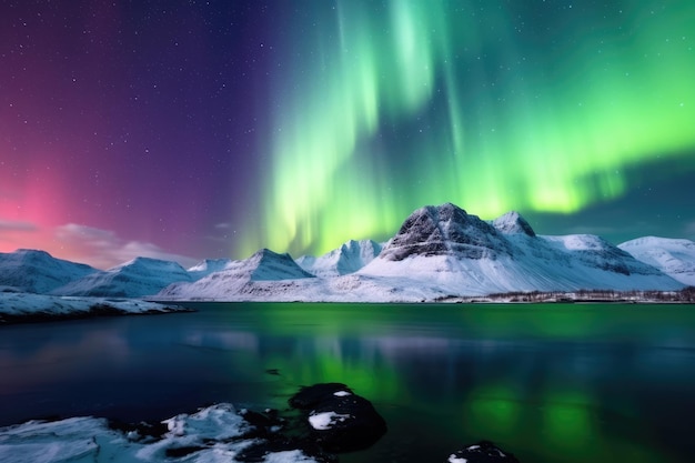 Foto montañas cubiertas de nieve bajo la brillante aurora boreal