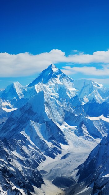 Foto montañas cubiertas de nieve y nieve con un cielo azul en el fondo generativo ai