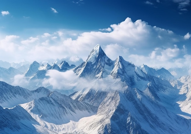 Montañas cubiertas de nieve y nubes con un cielo azul generativo ai