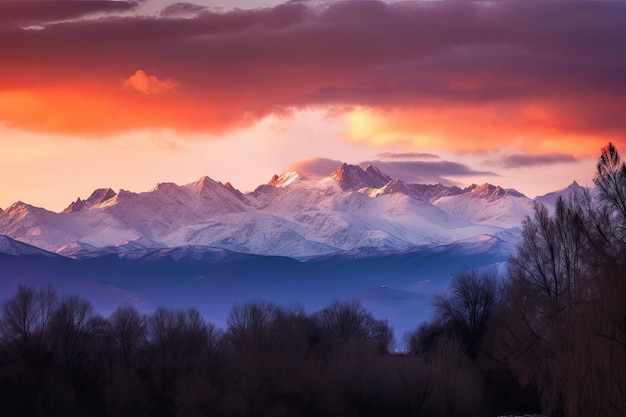 Montañas cubiertas de nieve con una puesta de sol como telón de fondo creadas con inteligencia artificial generativa