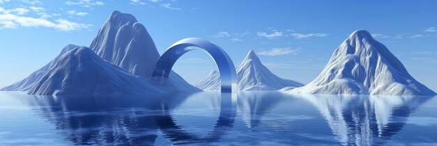 Montañas cubiertas de nieve con reflejo de arco en el agua Generative Ai