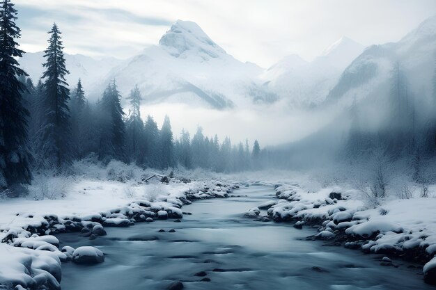 Montañas cubiertas de nieve con un río en el fondo