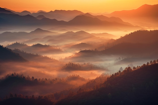 las montañas están cubiertas por la niebla matutina y la fotografía del amanecer