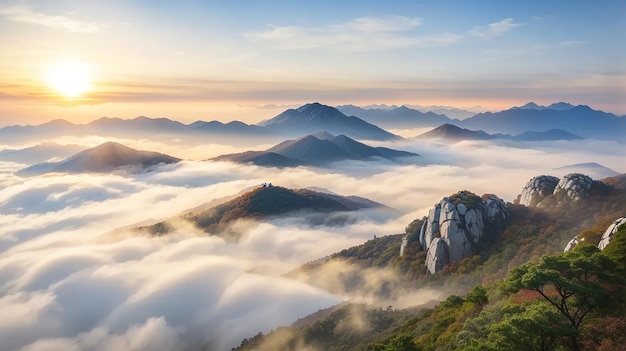 Las montañas están cubiertas por la niebla matutina del parque nacional Seúl en Corea del Sur